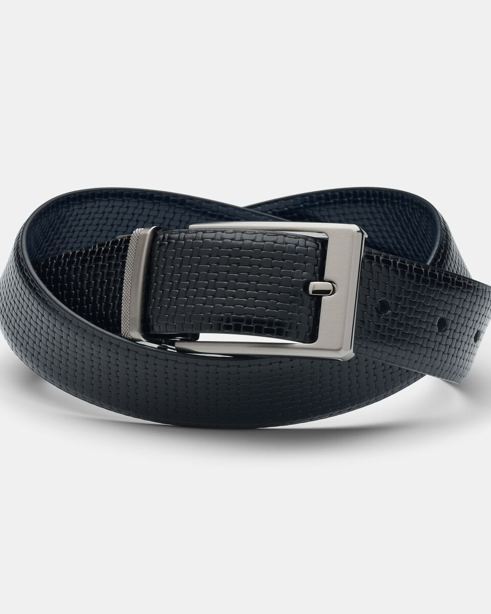 Heavy Emboss Burnish Leather Belt with Pin Buckle, Black/Navy, hi-res